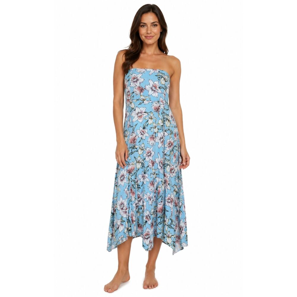 Kori America Blue Floral Tube Dress Boho Handkerchief Asymmetrical Midi L